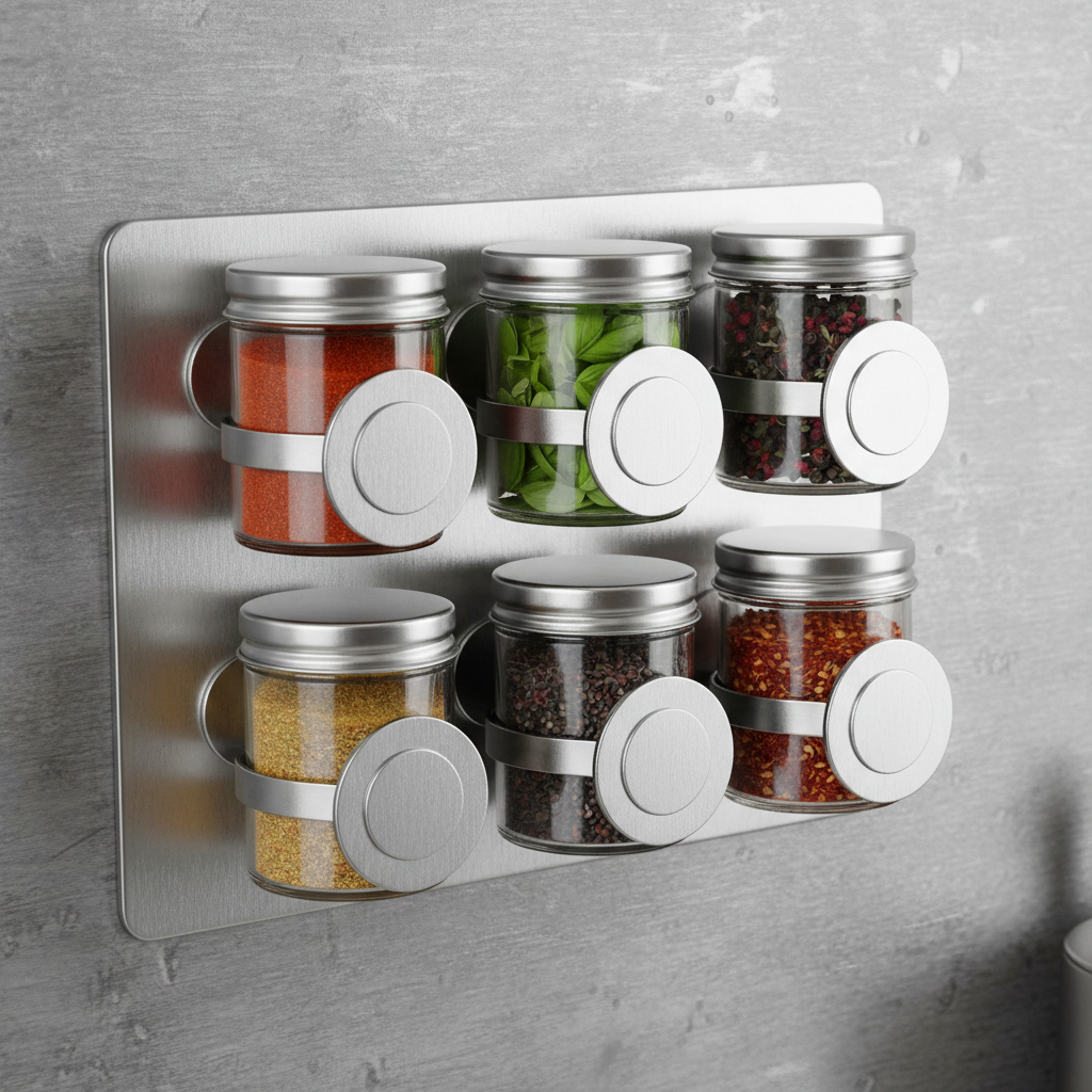 Close-up of magnetic spice rack showing strong magnetic base