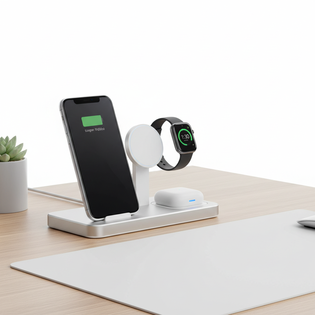 3-in-1 charging station side view showing all three charging pads