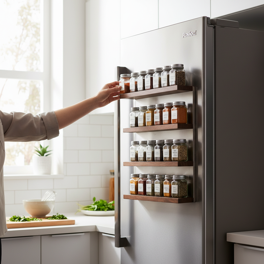 Magnetic spice rack in use on refrigerator with spice jars