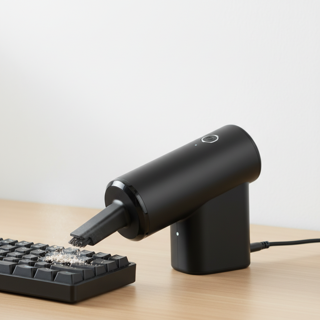 Mini handheld vacuum cleaning keyboard crumbs on desk