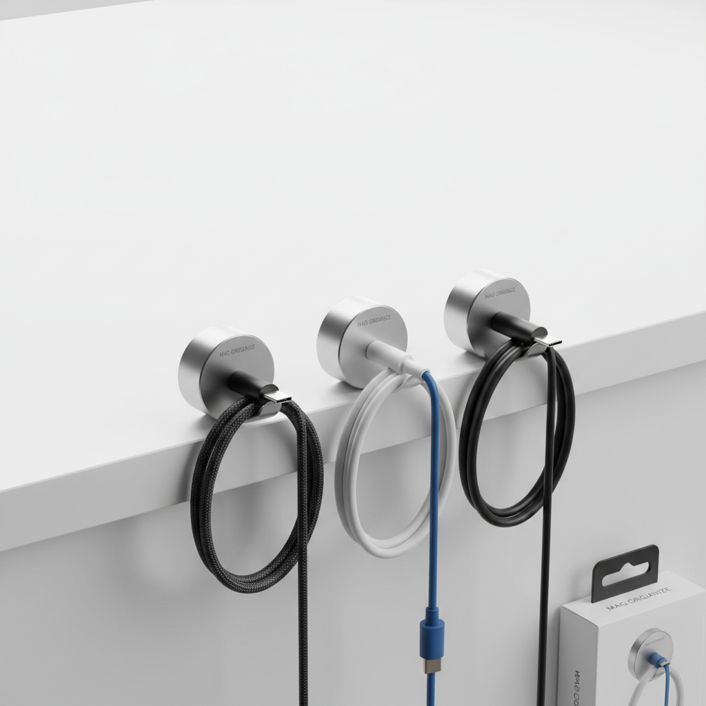 Magnetic cable clips organizing charging cables on desk