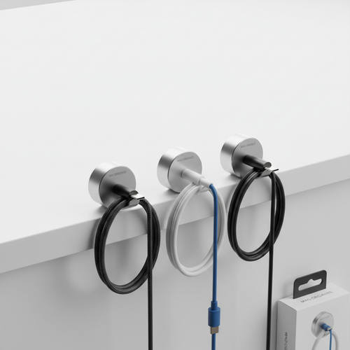 Magnetic cable clips organizing charging cables on desk