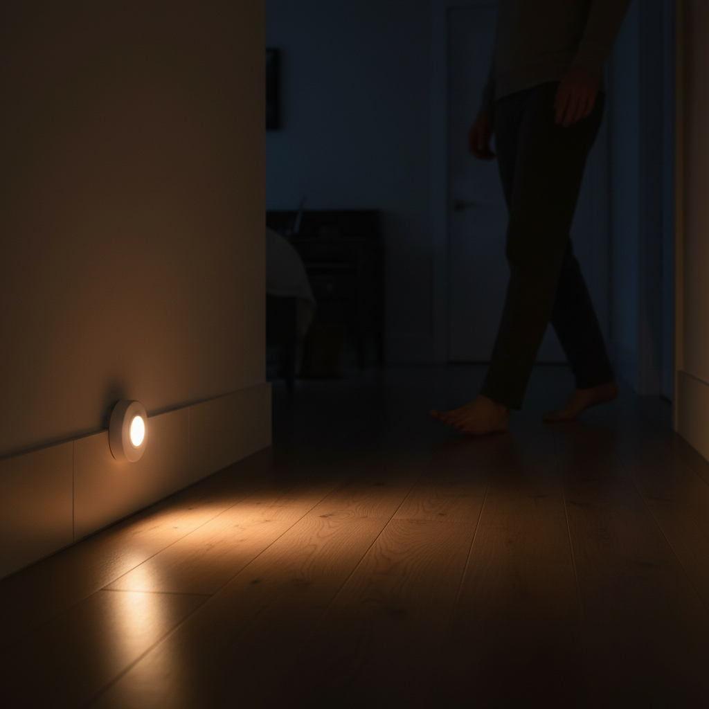 LED motion sensor night light in bathroom hallway at night