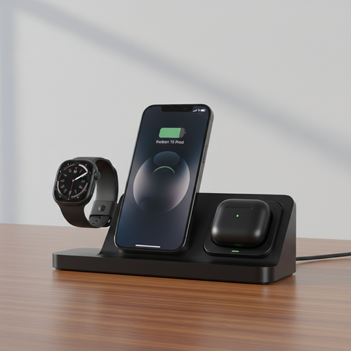 3-in-1 wireless charging station charging phone, watch, and earbuds