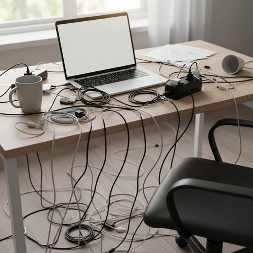 Cable organizer in use on home office desk with laptop