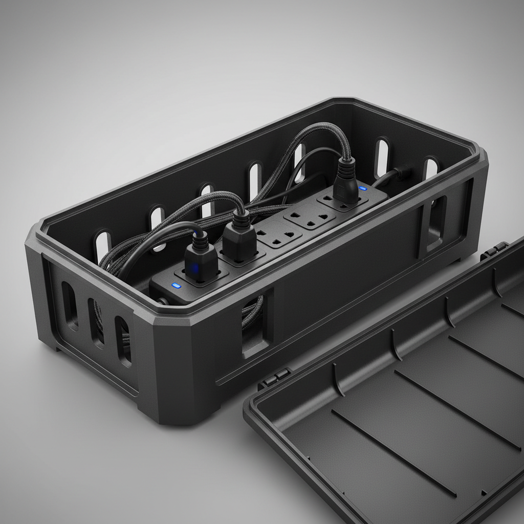 Close-up of cable management box interior with power strip