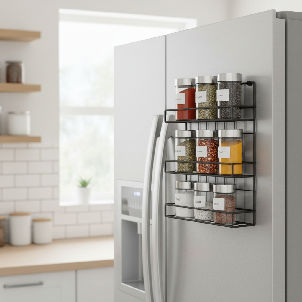 Magnetic spice rack organizer mounted on refrigerator
